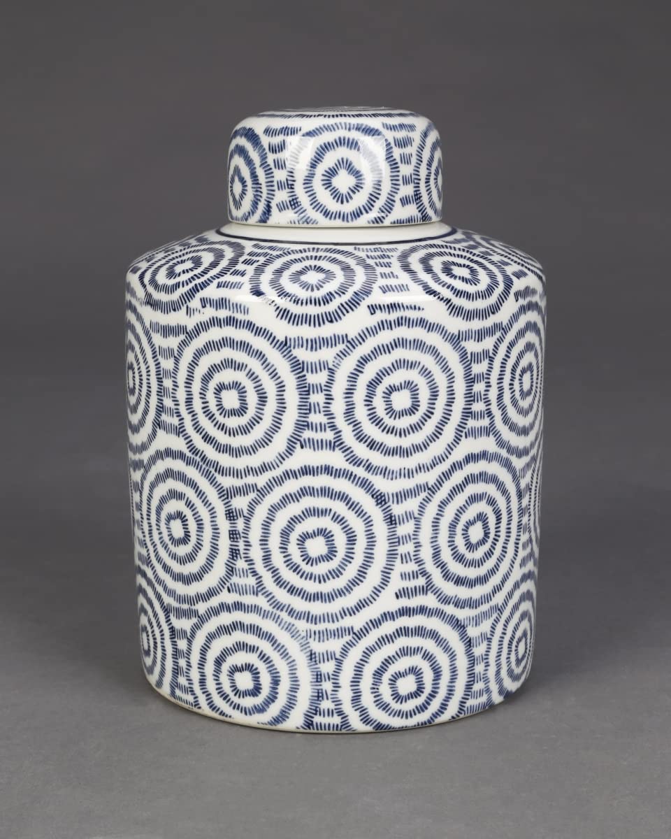 Blue and White Circles Cylindrical Porcelain Jar with Lid