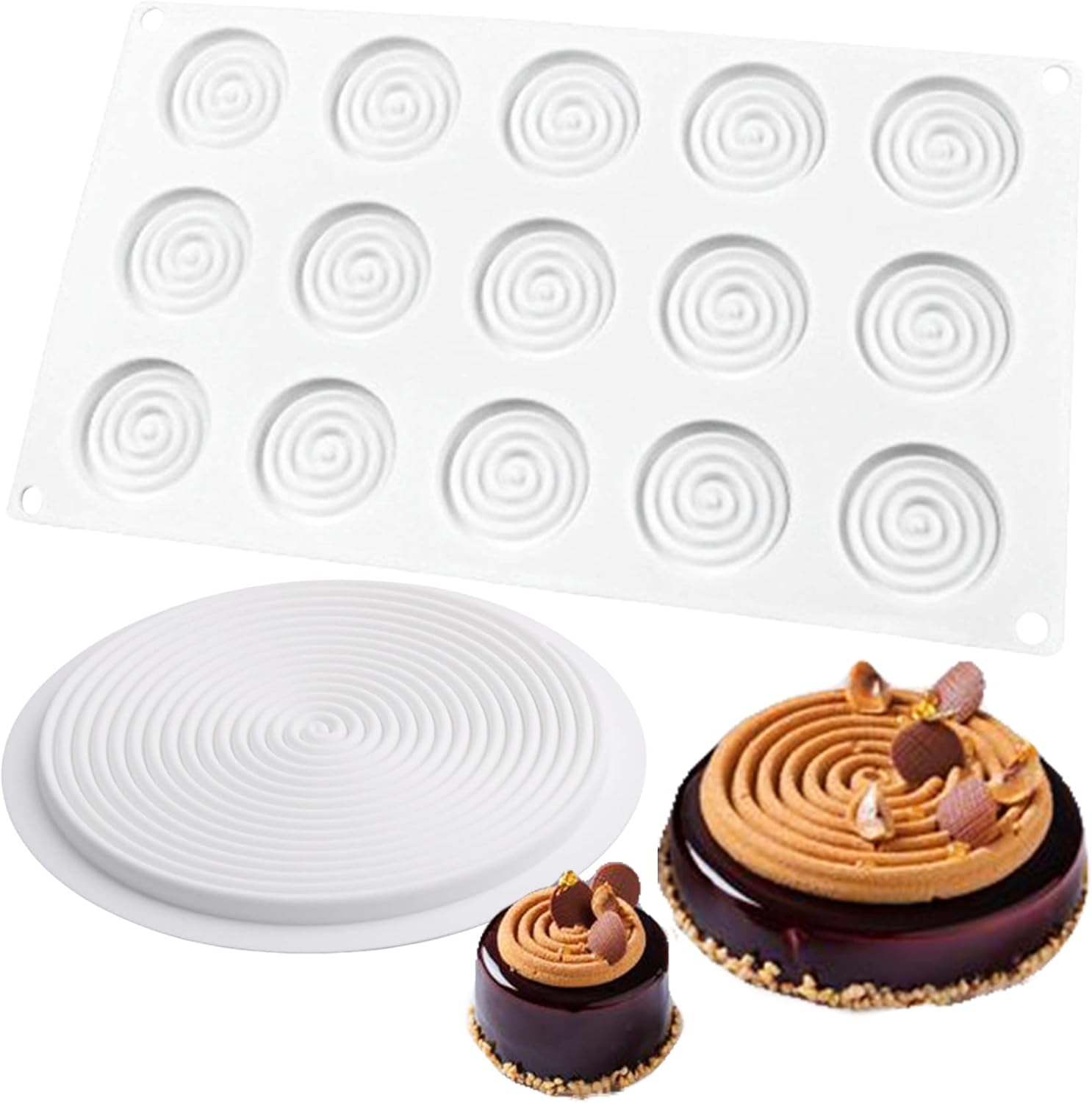 Round Pastry Silicone Molds Tourbillon Baking Pan Set of 2 for Chocolate Candy Tart Mousse Cake Cookie Dessert Ice Cream Decoration Disc Diameter 5.5inch, 3inch, 8-Cavity