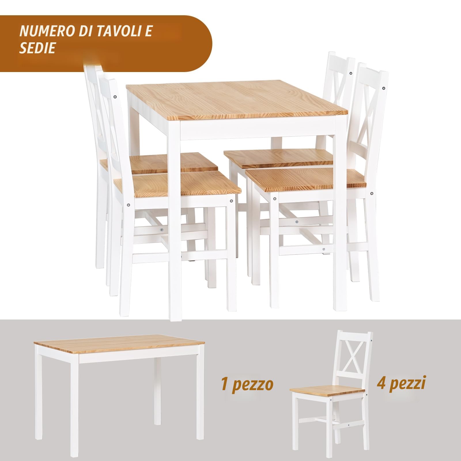 DlandHome Set di 5 pezzi tavolo da pranzo con 4 sedie, set di mobili da cucina in legno di pino teak/bianco