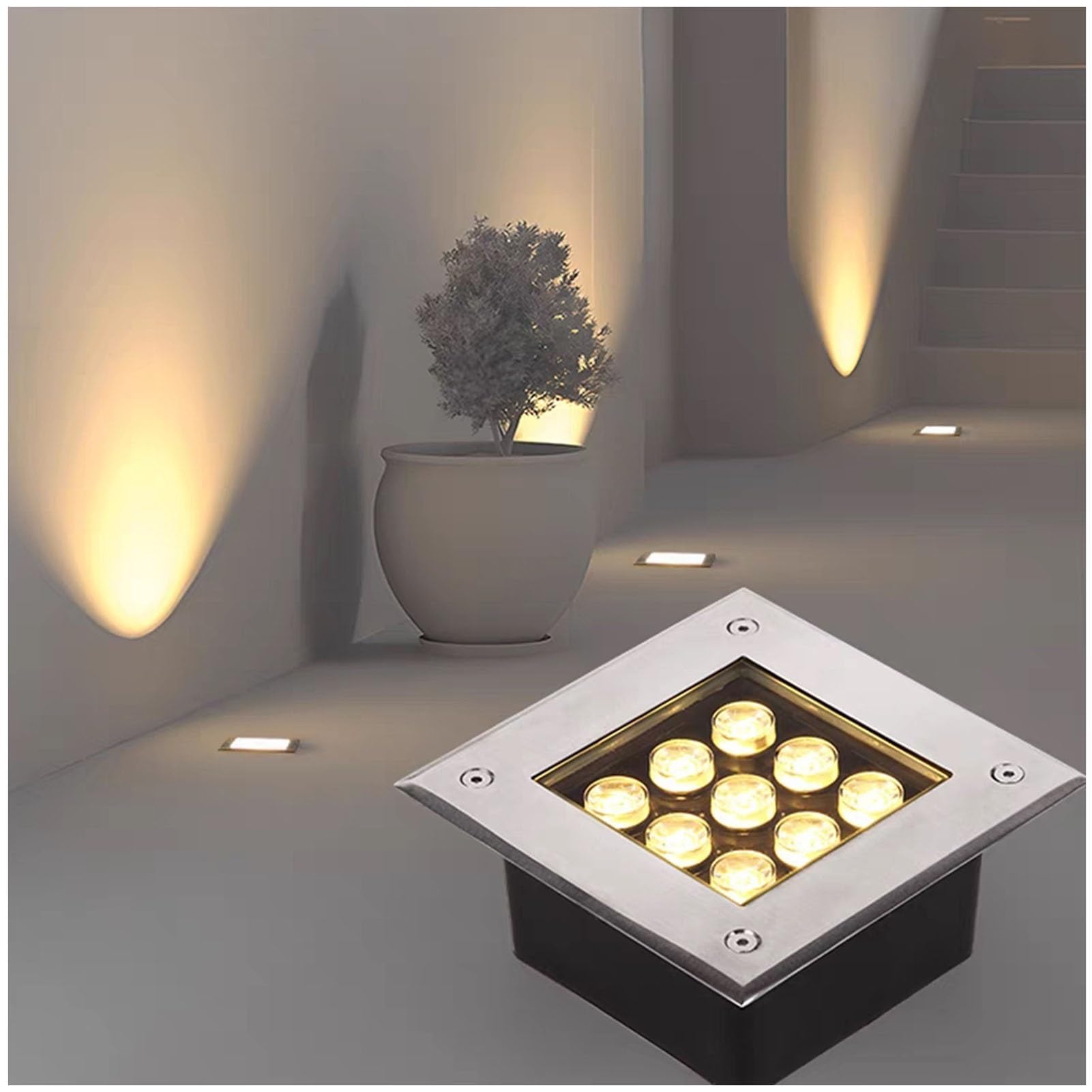 Kwadratowy reflektor LED do ogrodu - zewnętrzna lampa wpuszczana, wodoodporna IP67, oświetlenie ścienne i podłogowe niskiego napięcia 12 V (zimne białe światło, 9 W)