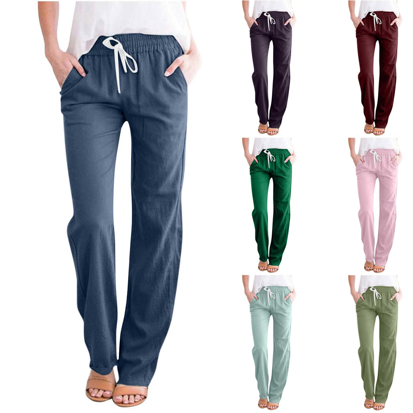 SMIDOW Womens Cotton Linen Pants Casual Drawstring Elastic High Waist Straight Leg Pants Loose Comfy Trousers with Pockets