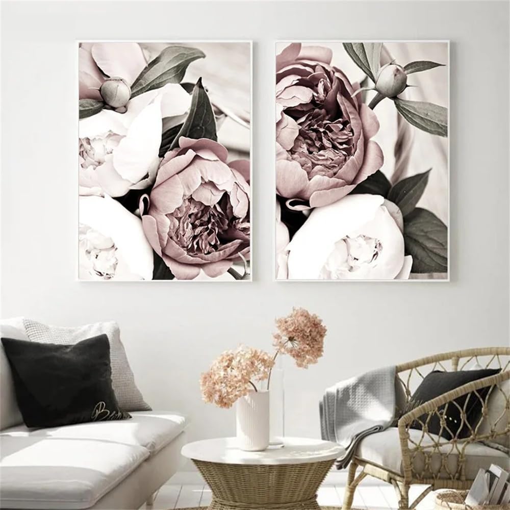 WBYZAC 2 Pieces Poster-Scandinavian Pink White Leaf Plant Flower Poster Nordic Botanical Print Canvas Painting Wall Art Picture Living Room Office Home Decor-60 * 70cm (No Frame)