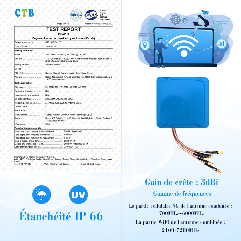 Maswell Antenne extérieure 6-en-1 4X4 MIMO 5G + WiFi 7 2X2 MIMO, Faible Gain 3dBi 700-6000 MH in, avec WiFi 6E, Bluetooth, WiMAX et Zigbee, Montage à vis et adhésif, SMA et RP-SMA