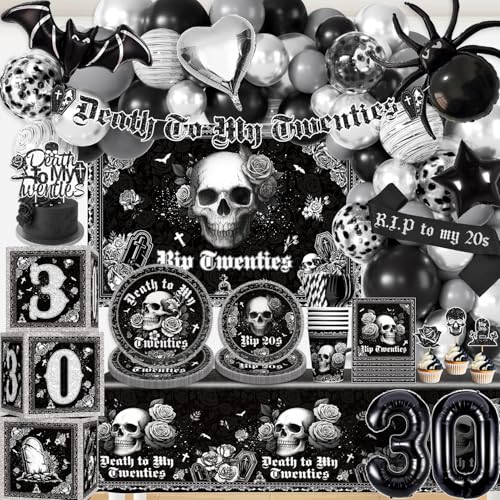 245pcs Death to My 20s Decorations Rip to My 20s Birthday Decorations All-in-one Set with Balloon arch Cake Topper Tableware Balloon Box Backdrop Sash for 30th Birthday Decor