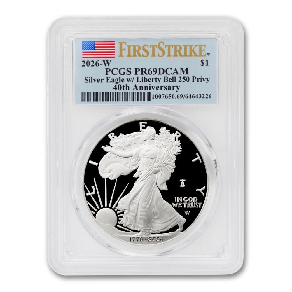 2026 W 1 oz American Silver Eagle Proof Coin PR-69 Deep Cameo (First Strike - 40th Anniversary - Liberty Bell 250 Privy - Flag Label) with Official Government Packaging $1 PCGS PR69DCAM