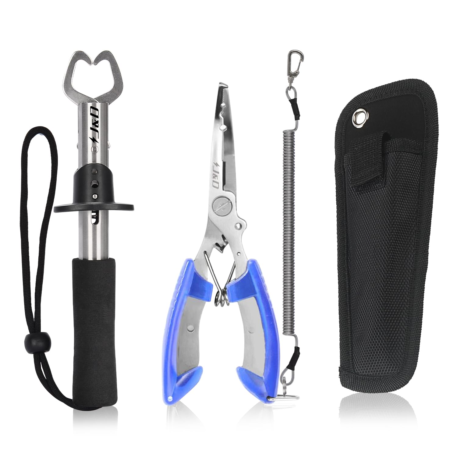J&D Pesca Pinze e Pesce Labbra Gripper Imposta, Multifunzionale Inossidabile Acciaio Pesca Pinza Attrezzi Gancio Rimozione Strumento con Sicurezza Arrotolato con Fodera e Cordino