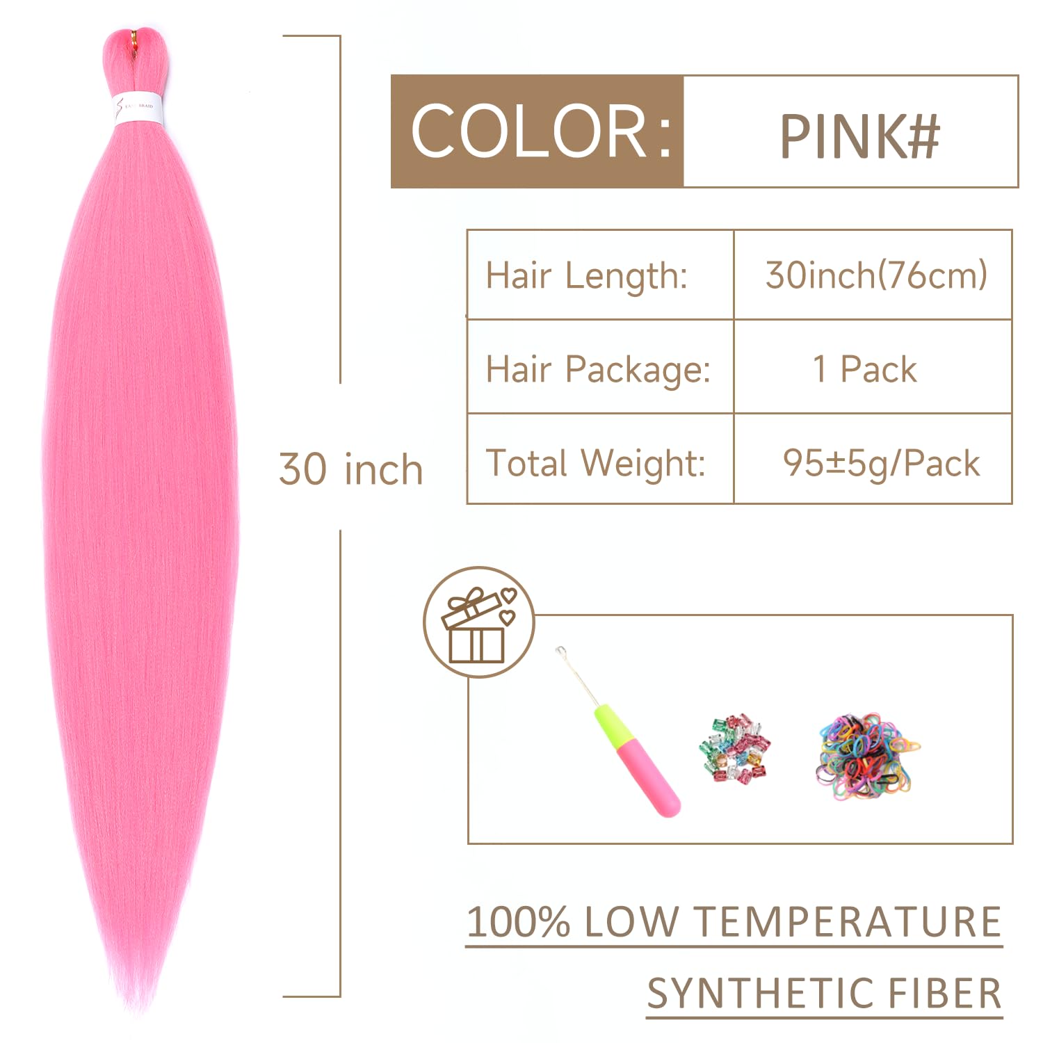 Pre-Stretched Braiding Hair ShowJarlly Soft Free Synthetic Fiber Corchet Braids Natural Black 1Pack/Lot Knotless Braiding Extensions Hot Water Setting Braiding Hair(30 Inch,Pink#) - Image 2