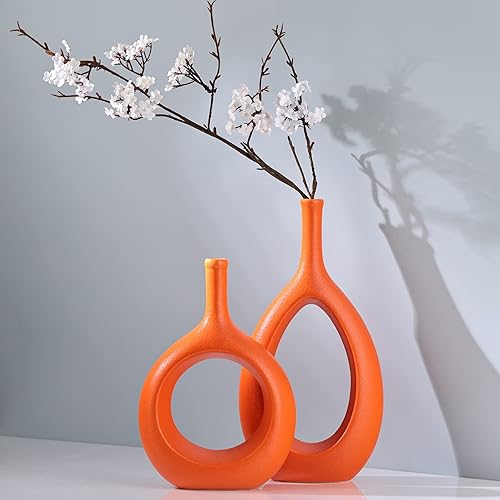 Miniatura 4 de Juego de 2 jarrones elípticos huecos de cerámica naranja, jarrón circular bohemio con agujero, para decoración moderna de mesa naranja, decoración
