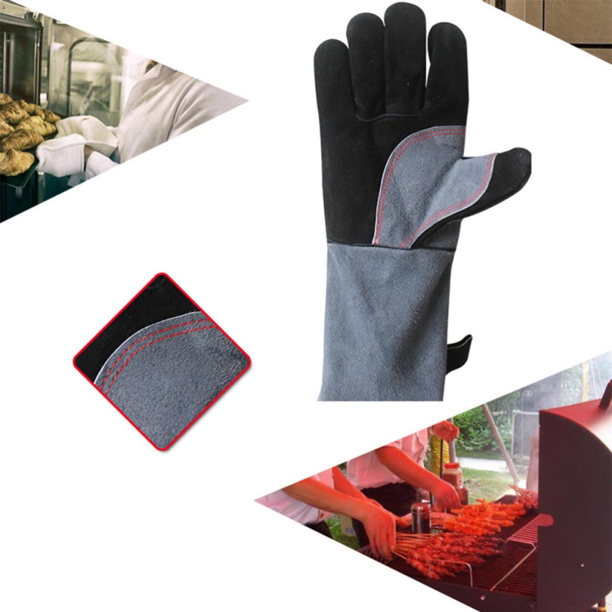 BESPORTBLE 3 Pezzi Guanti Resistenti al Calore in Pelle Bovina per Barbecue | Confezione a Paio, Lunga Protezione al Polso, Isolati e Antiscivolo, per Cottura e Griglia