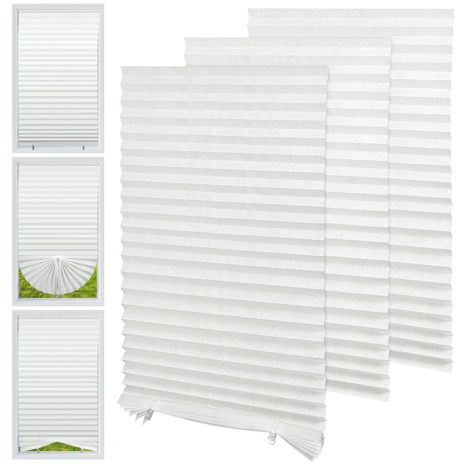 3 Pcs Temporary Blinds, Self Adhesive No Drill Blinds for Windows with Clips, Non-Woven Fabric Crop Stick on Temporary Blackout Blinds for Thermal, Bedroom Kitchen Bathroom (White, 150 × 60cm)