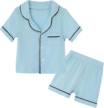 Kids Short Sleeve Pajama Set 100% Cotton Button Down Sleepwear Little Big Girls Boys Summer Soft Lounge Set 3-9 Years