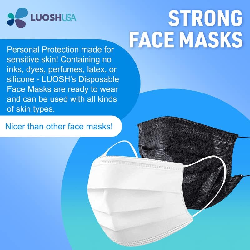 Luosh Black Face Masks Disposable Made in USA, 3 Ply Black