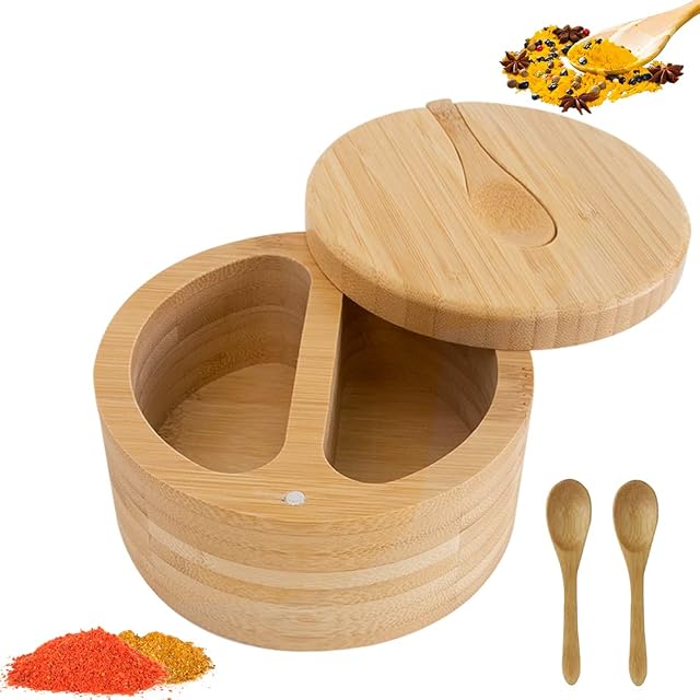Salt Box, Swivel Lid Container with Magnetic Swivel Lid and 3 Small Wooden Spoon, Salt Spice Storage Box for Kitchen Seasonings, Spices, Herbs, Pepper or Small Items (2-Compartment)