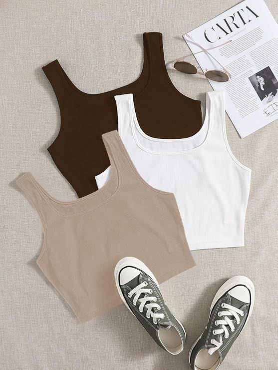 Image of Toochki Women's Knitted Sleeveless Solid Sqaure Neck Ribbed Tank & Crop Tops (Pack of 3)