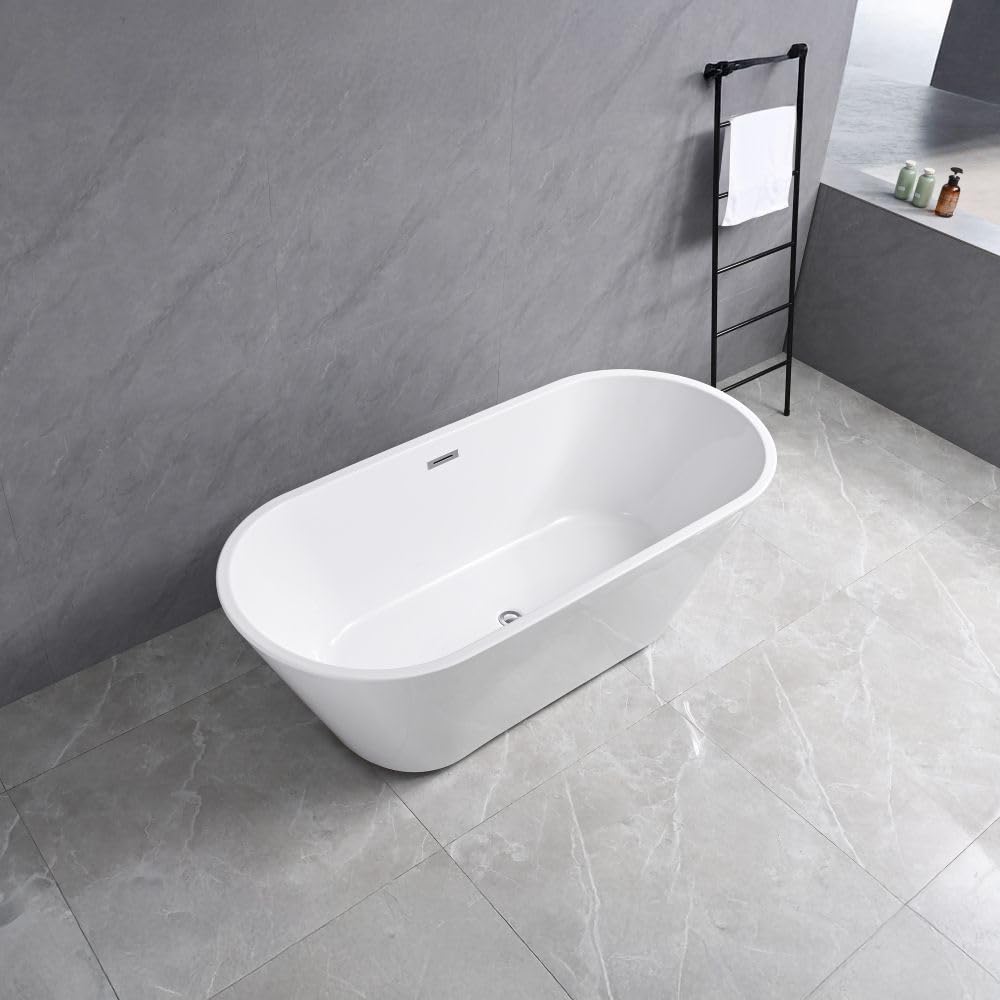 Milano Freestanding Bathtub Oval Shape (170x75x58) cm - White Finish | Acrylic Free Standing Bath Tub | Contemporary Soaking Tub | Luxury Spacious, Non-Slip, Waterfall Tub For Modern Bathroom