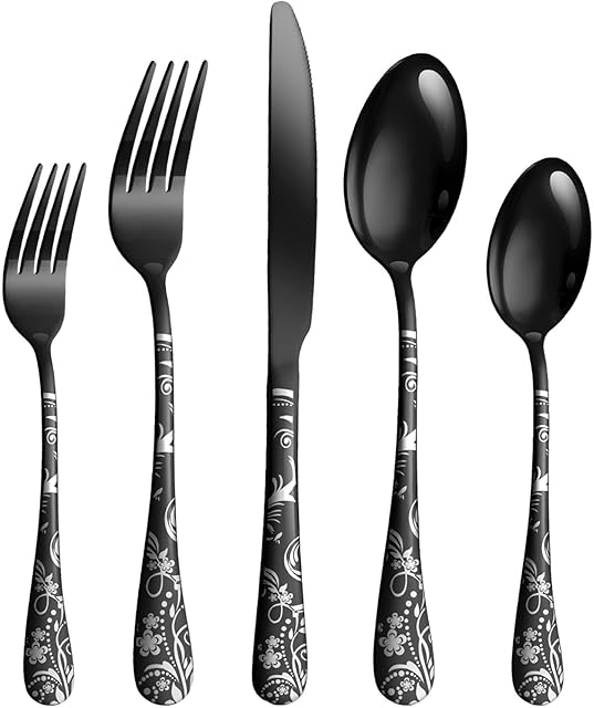 Jxkgenix Cutlery Set Stainless Steel for 4 People, Cutlery Set Including Knife, Fork, Spoon, Cutlery Mirror Polished, Dishwasher Safe, Camping Cutlery Set 20 Pieces (Black)