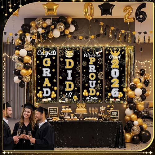 Panelee 4 Pcs Black Gold Graduation Party Decorations 2026 Congrats Grad Porch Banners Class of 2026 Hanging Banner Backdrop for Classroom School Doorway Indoor Outdoor Wall Hanging Decor — view 4