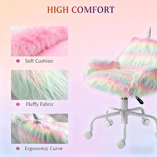 Miniatura 6 de Linda silla de oficina de unicornio mullido arcoíris con ruedas y brazos, silla giratoria de piel sintética para niños, silla ergonómica para