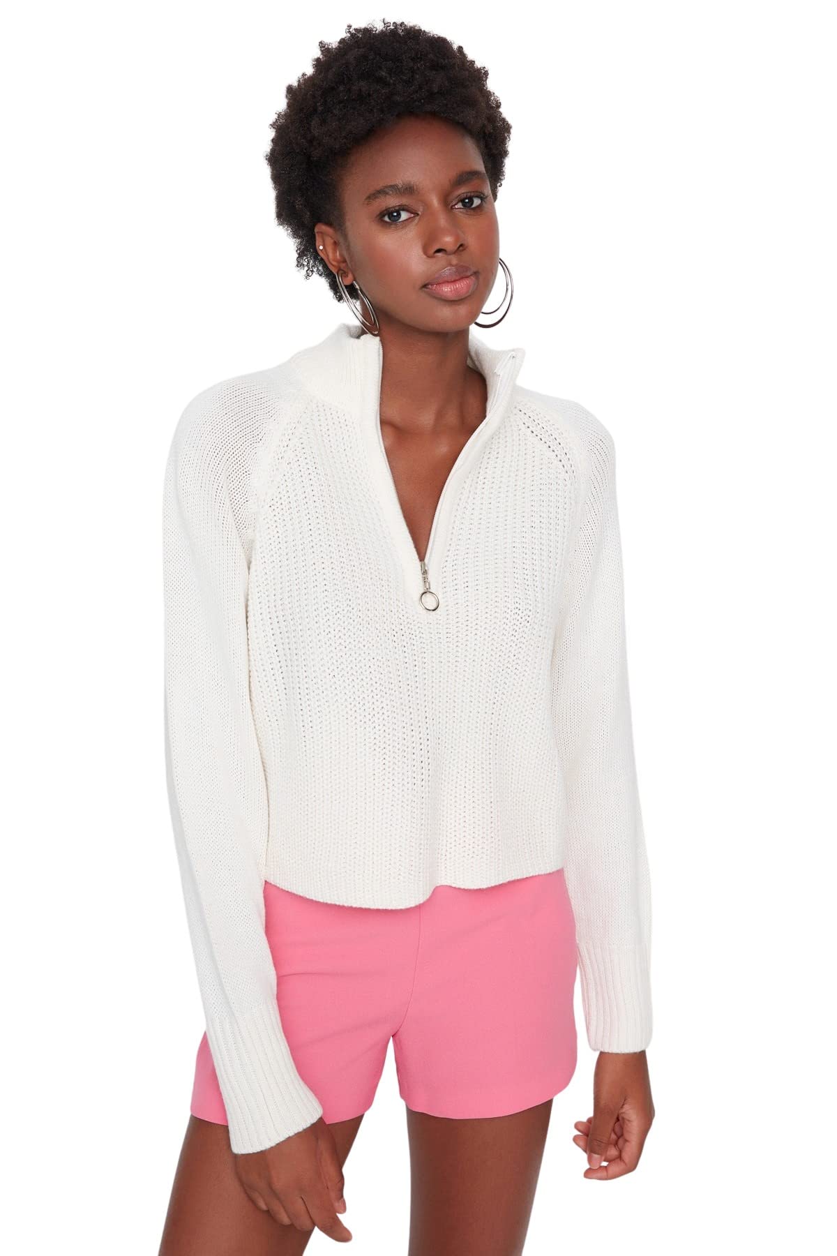 Trendyol Ecru Crop Zipper Detailed Knitwear Sweater