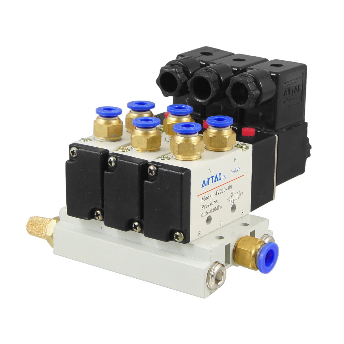 Électrovanne 4V210-08 DC 24V triple avec base et silencieux pour bloc de distribution pneumatique