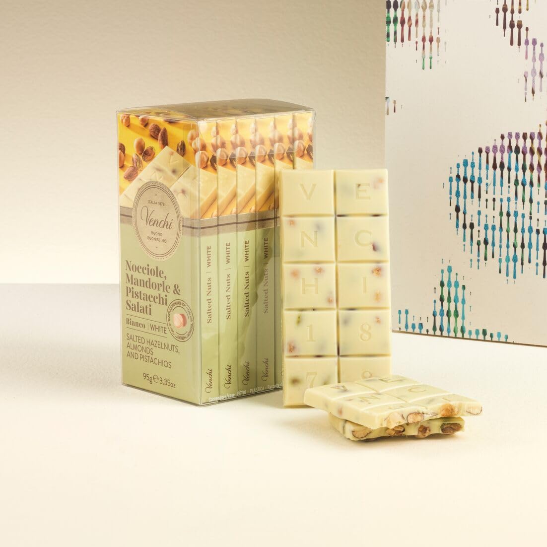 Venchi - Bundle of 6 White Chocolate with Salted Nuts Bars - with Hazelnuts, Pistachios and Almonds, 21.16 oz - 3.52oz each bar - Gluten Free - Family Pack
