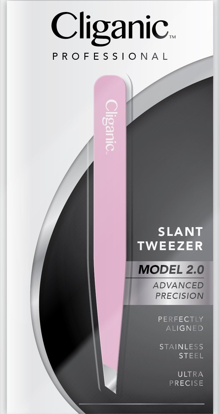 Professional Eyebrow Tweezers Precision Slant Tip 2.0 Pink (Improved Model) | Hair Tweezer for Men & Women, Stainless Steel | Best for Plucking Chin Facial Hair | Cliganic 90 Days Warranty