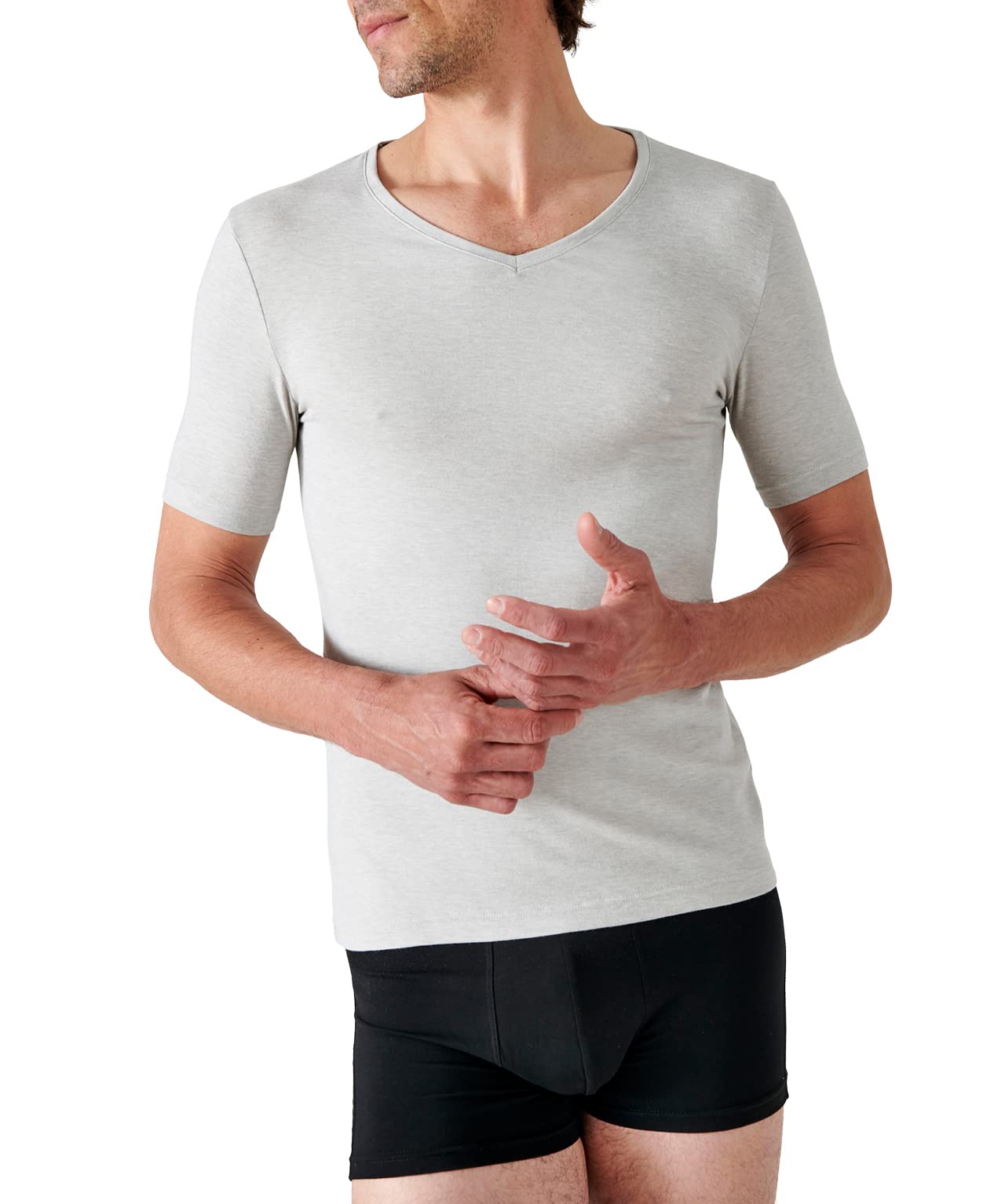 Damart - Thermolactyl Classic Mesh Short Sleeve V-Neck T-Shirt, Men, Flecked Grey, XL