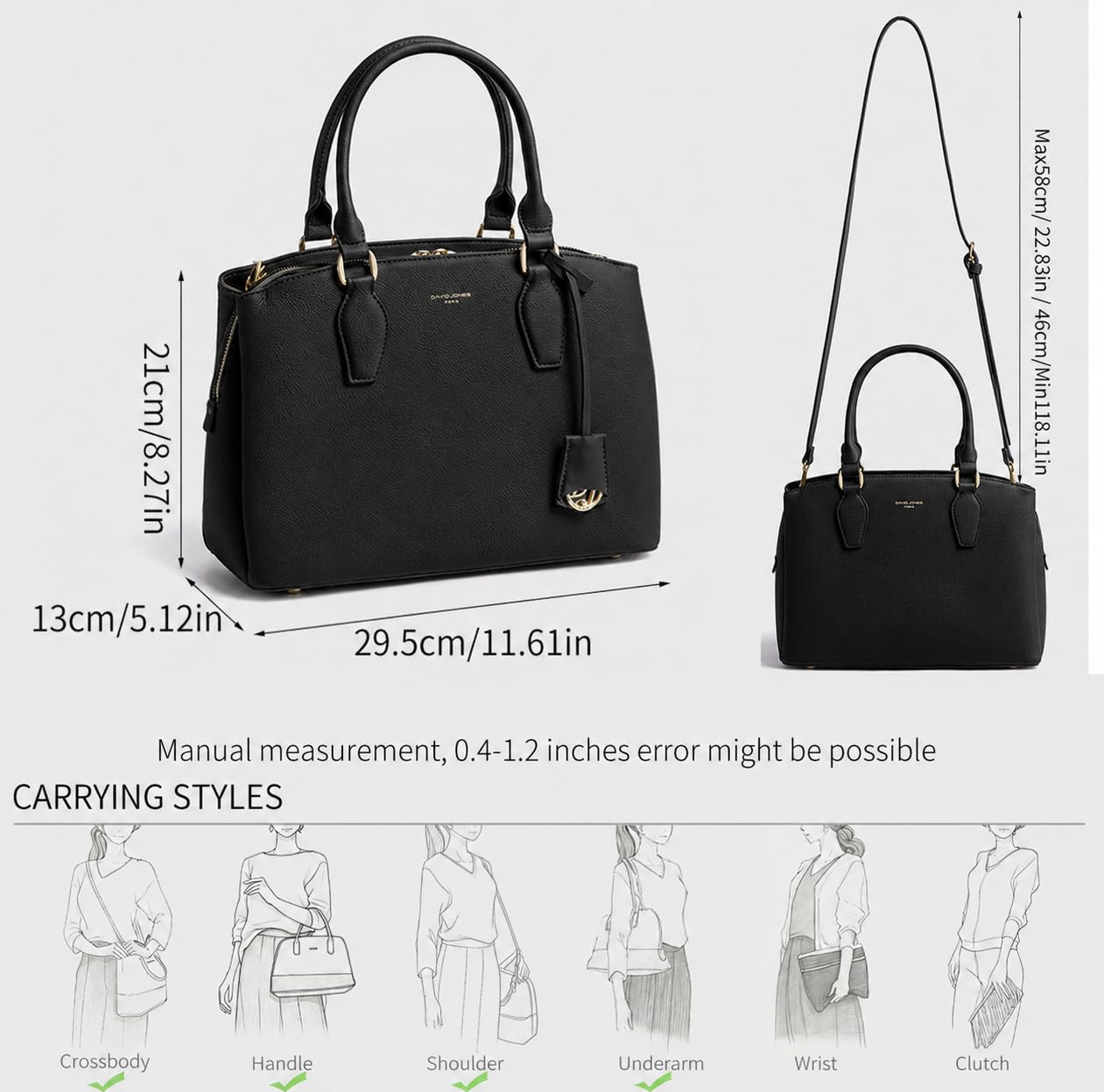 David Jones - Borsa a Mano Donna - Borsa a Tracolla Spalla Simil Pelle PU - Molti Scomparti e Tasche - Città Lavoro Elegante Classico Quotidiana - Nero