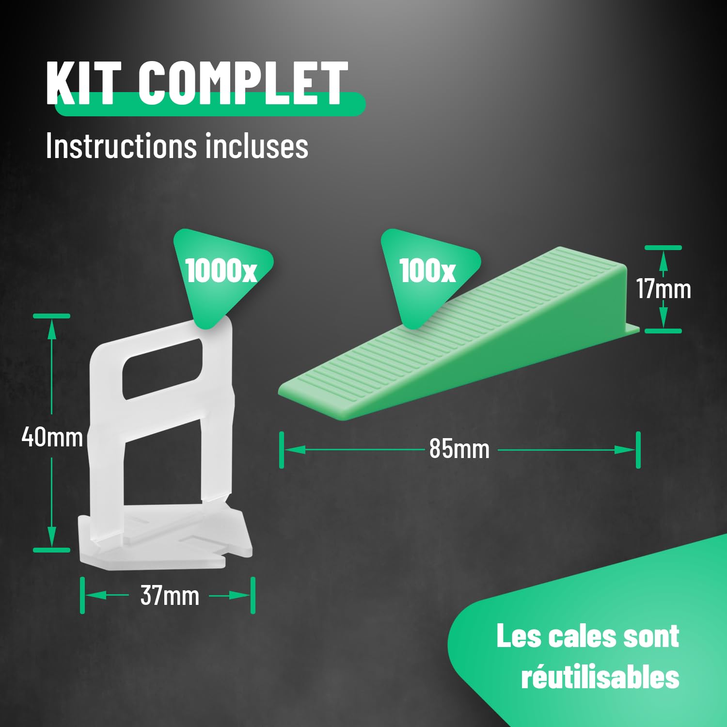 greate kit de nivellement pour carrelage 1100 pièces 2 mm | nivellement carrelage avec 1000 clips de traction & 100x cale - croisillon autonivelant 2mm