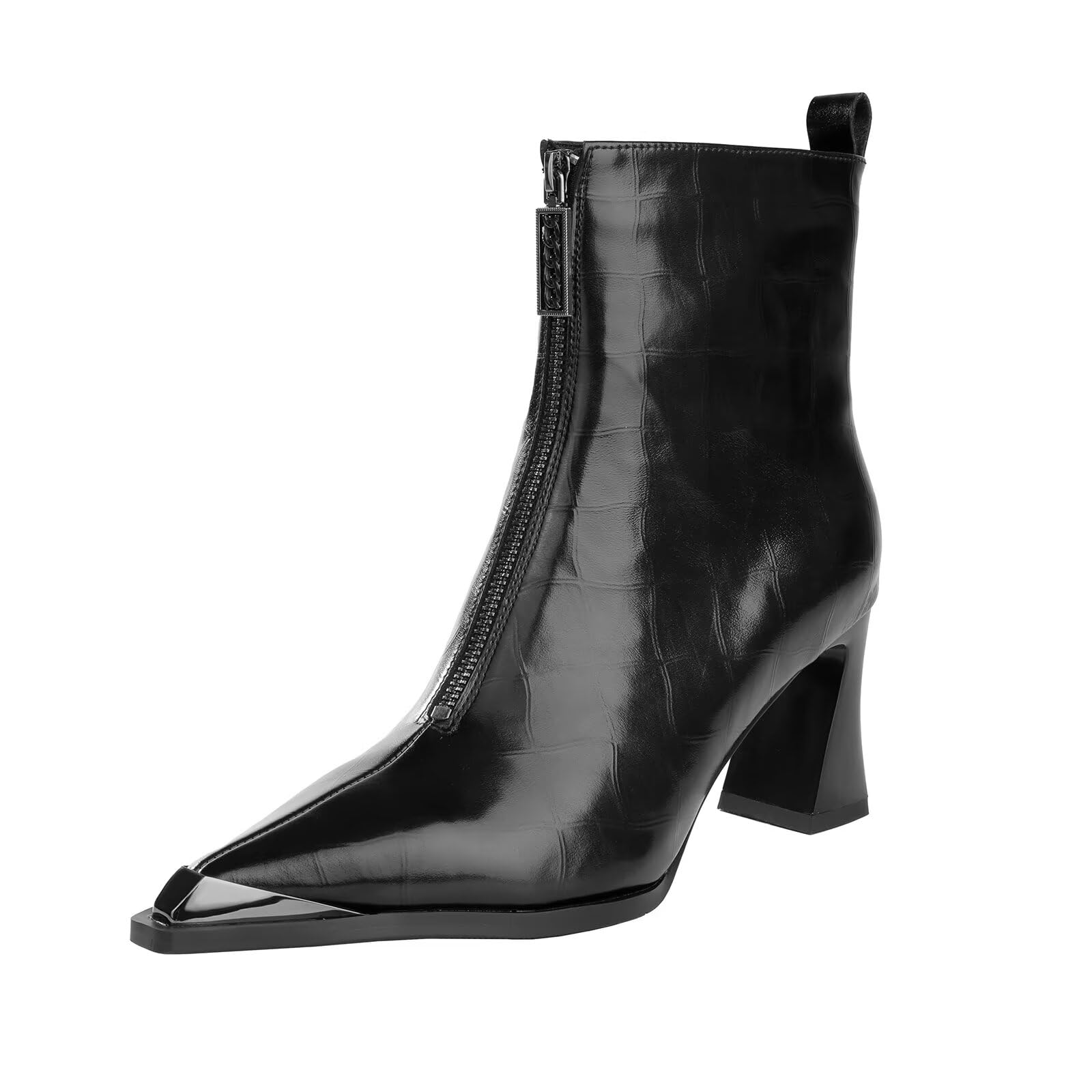Husmeu Womens Ankle Boots Comfy Low Chunky Heel Patent Leather Metal Pointed Toe Casual Fall Boots with Front