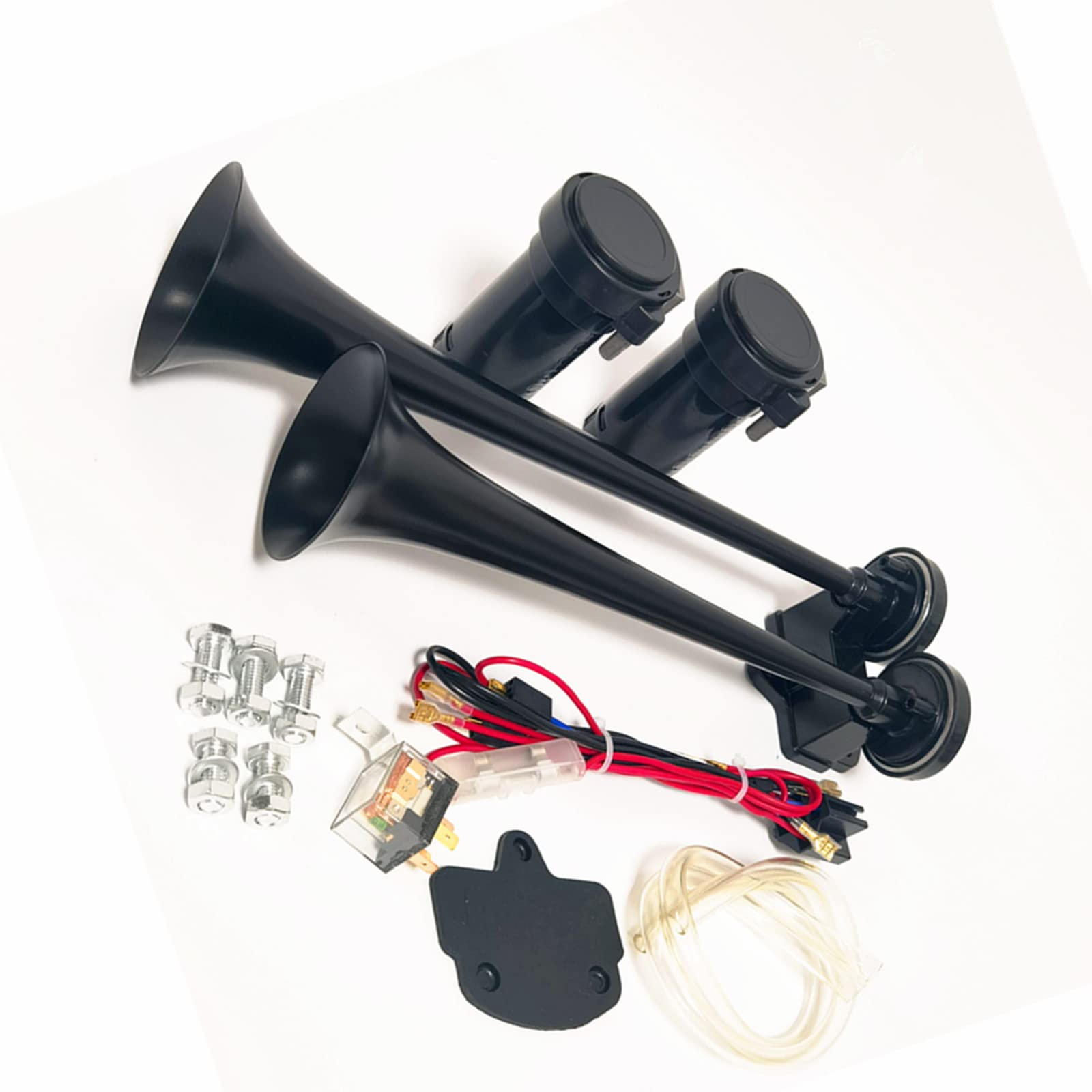 Klaxon de voiture Klaxon à air noir 12V Car Horn Klaxon de camion 165db double tonalité haute et basse Chrome Zinc Trompette à double tube avec deux pompes à air pour 12V voiture bateau etc