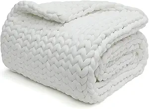 YnM Knitted Weighted Blanket, Hand Made Chunky Knit Weighted Throw Blanket for Sleep or Home Décor, Rest and Relax in Style Handmade Weighted Blankets (White, 80''x87'' 25lbs)