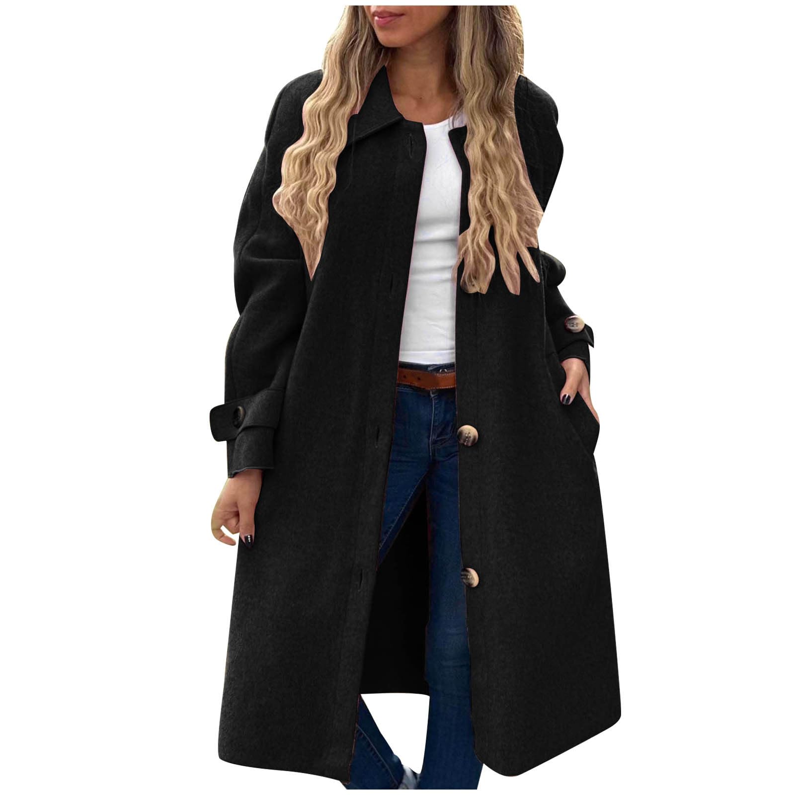 Manteau Femme en Laine Long Hiver Chaud Chic Mi-Long Trench Veste d'hiver pour Femme élégante à Revers Manteau en Laine Longueur Moyenne Veste Mi-Saison Couleur Unie Manteau Coupe-Vent Idee Cadeau
