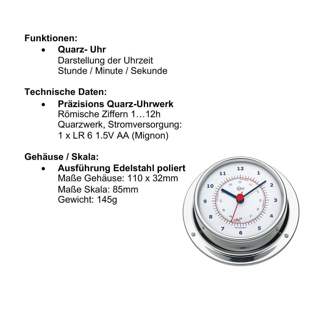 Barigo Kabinenaustattung Sky Schiffsuhr Edelstahl poliert 110mm