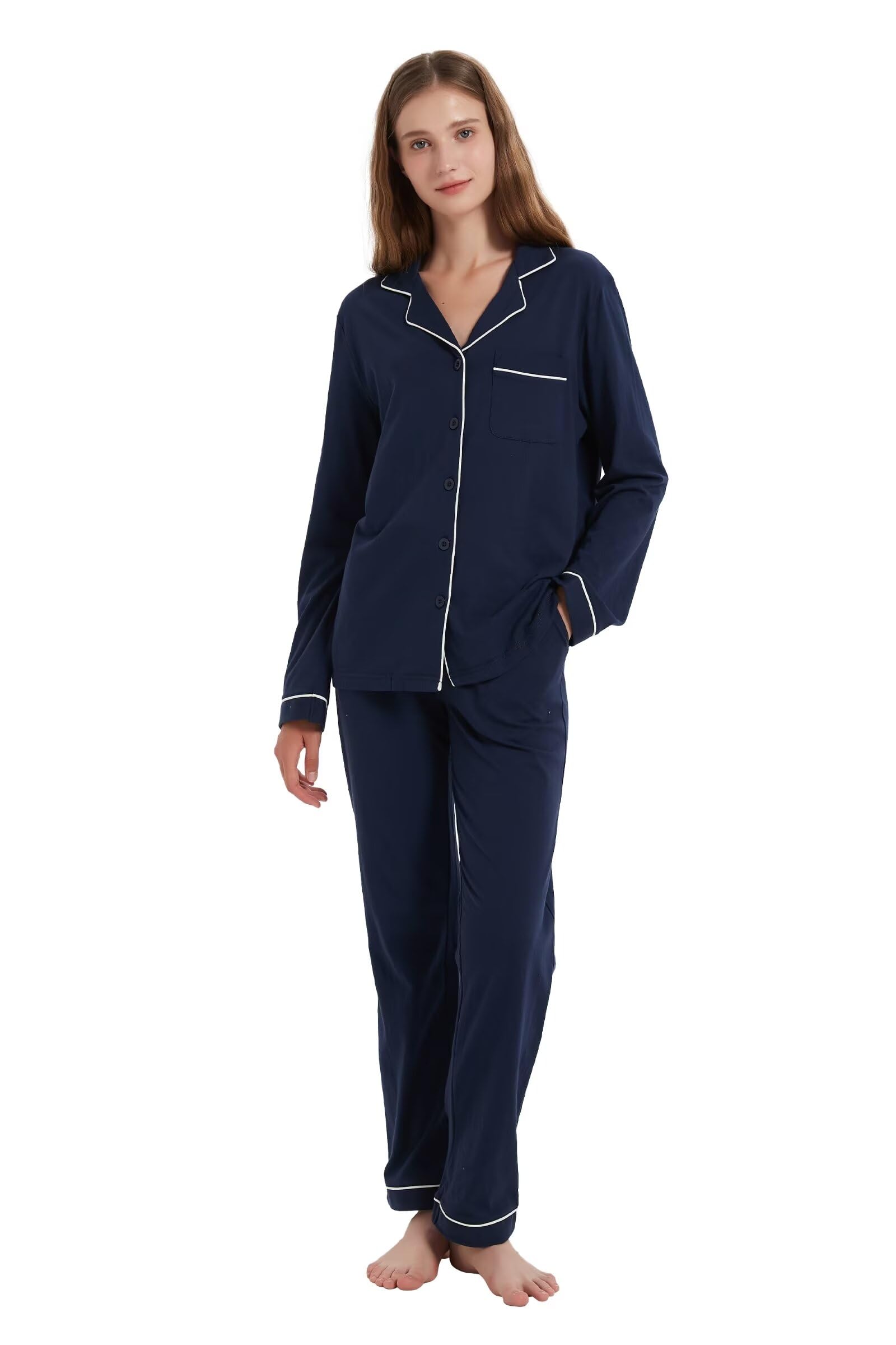 Amaxer Ensemble de Pyjama Coton Femme Vêtements de Nuit Femme 2 Pièces Comfy Manches Longues Bouton Down Col V Femme Pyjamas Set S-XXL