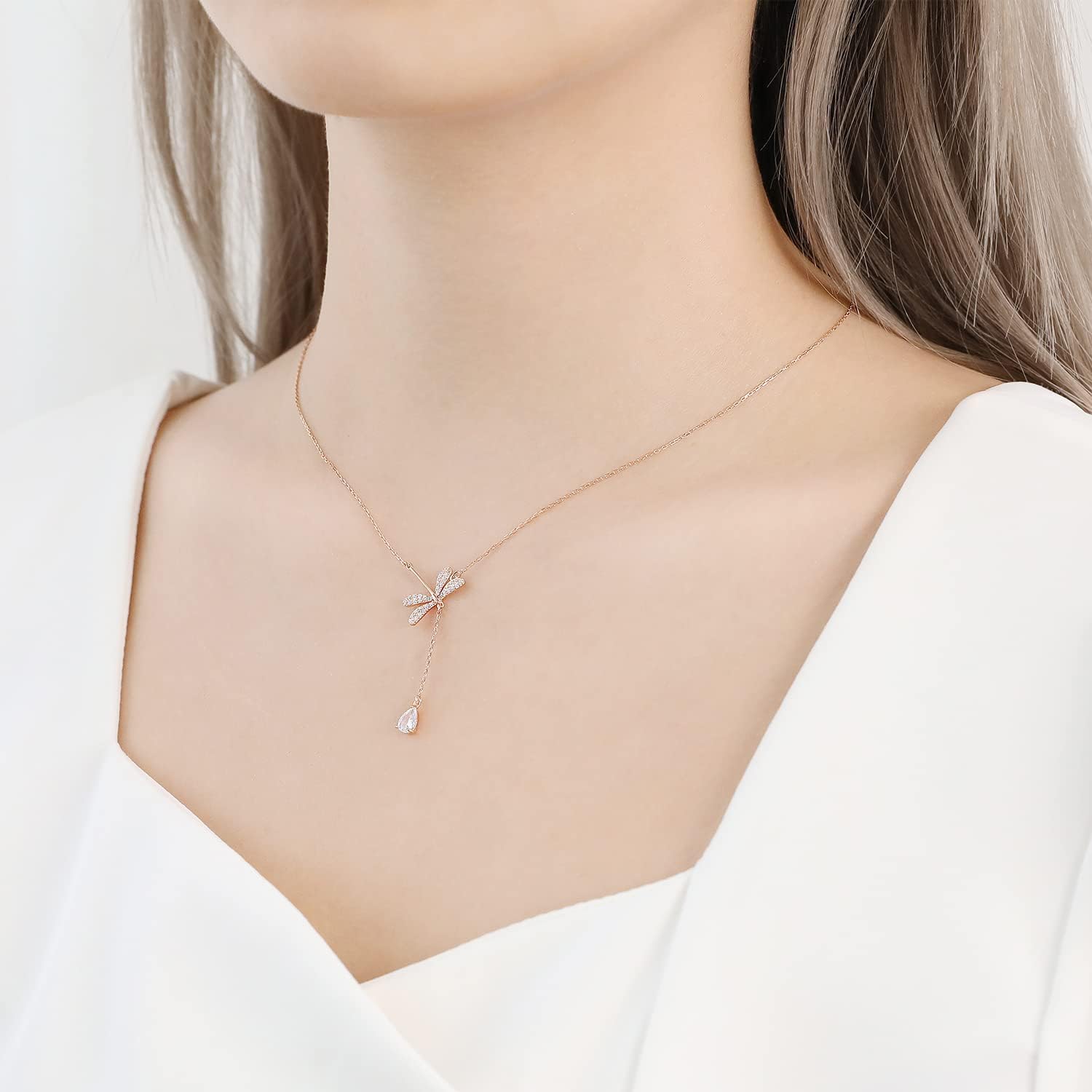 Silver Necklace for Women Dainty Dragonfly Pendant Gold Necklace Minimalist Dragonfly Crystal Necklace Bug Stackable
