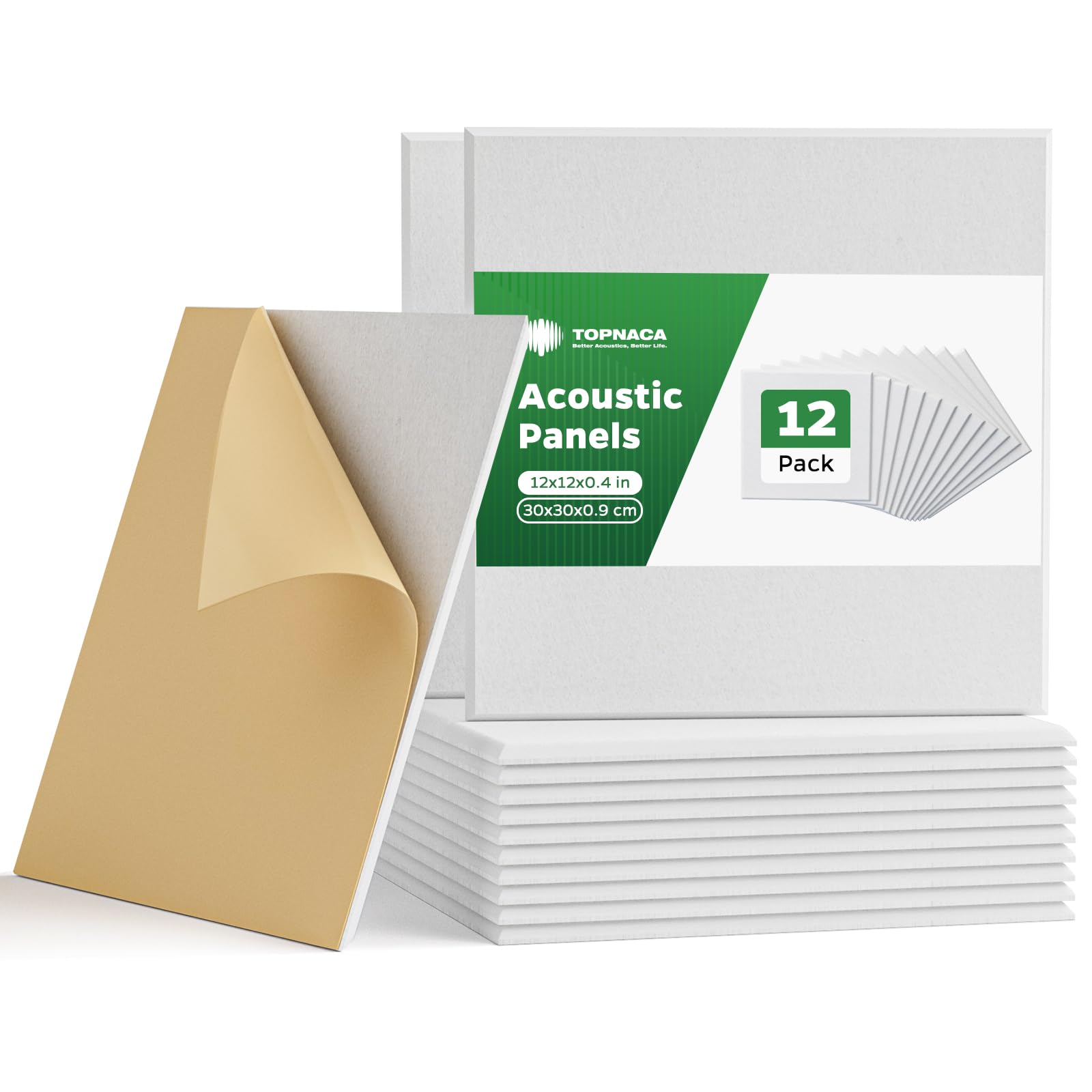 Paquete de 12 paneles cuadrados de insonorización autoadhesivos, 30 x 30 x 0,9 cm, paneles de absorción acústica de alta densidad para pared, estudios de grabación, hogar, oficina (blanco)