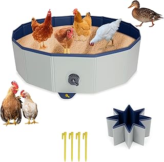 Foldable Chicken Dust Bath Tub, Large PVC Chicken Pool with Drain & Stakes, Durable Multi-Purpose Dust Bath Container for Chicken Coop, Duck Pool, and Backyard Pet Accessories