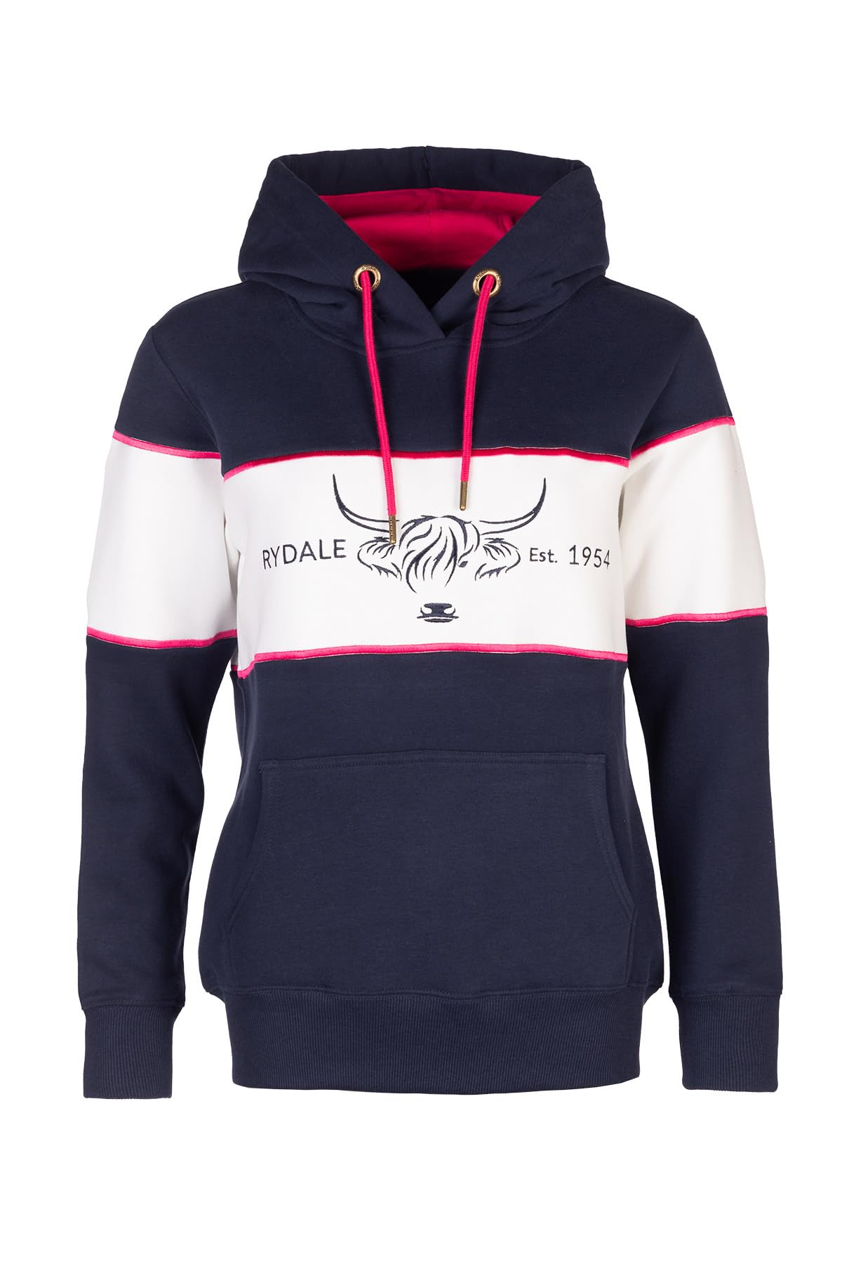Rydale Women's Cow Navy/White/Navy Overhead Country Hoody Highland Cow Embroidery Jumper (Uk, Numeric, 16, Regular, Regular, )