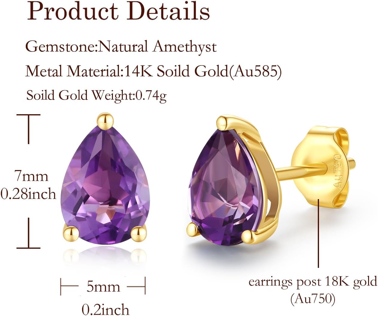 FANCIME 14k Solid Yellow Gold Pear Stud Earrings Prong Cluster Stud Earrings Natural/Created Gemstone Jewelry Gifts for Her Mom Women Wife,Gemstone Size 5 * 7mm - Image 3