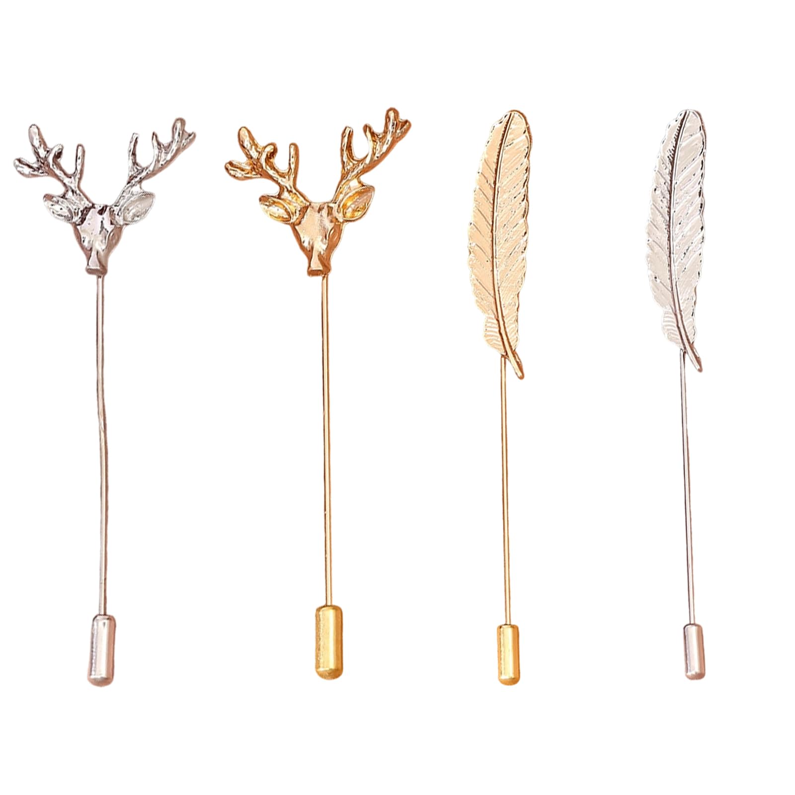 4 Piece Set Of Brocher For Men Suit, Brooch For Men Suit, Feather And Deer Lapel Collar Pins, Elegant Gold And Silver Collar Brooches For Blazers, Stylish Accessories For Business Professionals