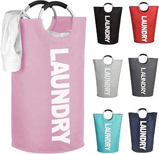 Mziart Large Collapsible Laundry Basket, Tall Laundry Hamper Bag, 90L Pink | Thick & Sturdy, Aluminum Handles, Freestanding Dirty Clothes Hamper, Portable for Bathroom, Bedroom, Laundry Room, Dorm, RV