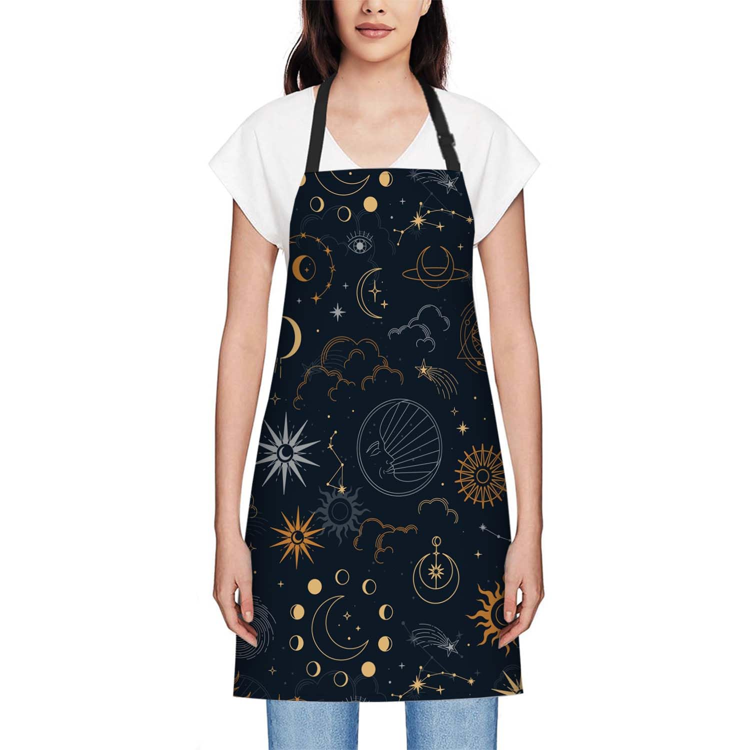 Smooffly Sun Moon Star Apron,Adjustable Neck Bib Apron for Men Women,Suitable for Kitchen Cooking Waitress Chef Apron - Image 2