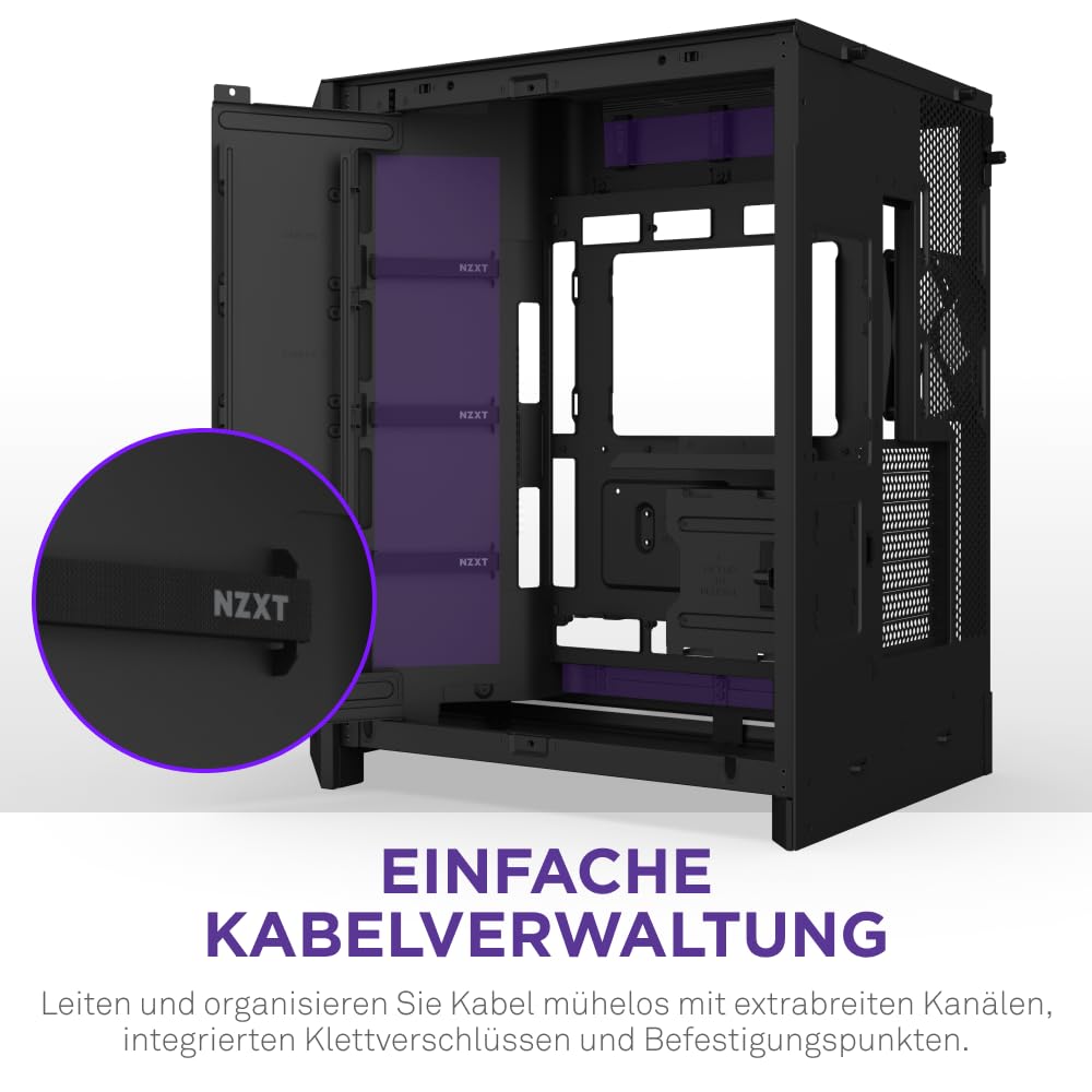 NZXT H9 Flow RGB+ (2025) – Großes Dual-Kammer ATX Mid-Tower Airflow PC-Gehäuse – Enthält 7 RGB-Lüfter (6 x 140mm, 1 x 120mm) und Steuerungshub – 420mm Radiatorunterstützung – Schwarz
