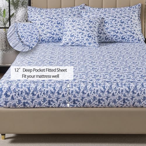 Image of FADFAY Twin XL Blue Toile Sheets Set Dorm Room Essential Bedding 100% Egyptian Cotton Soft Breathable Sheets Blue Butterfly French Country Vintage Farmhouse Sheet, Extra Long for College Bedding 4Pcs