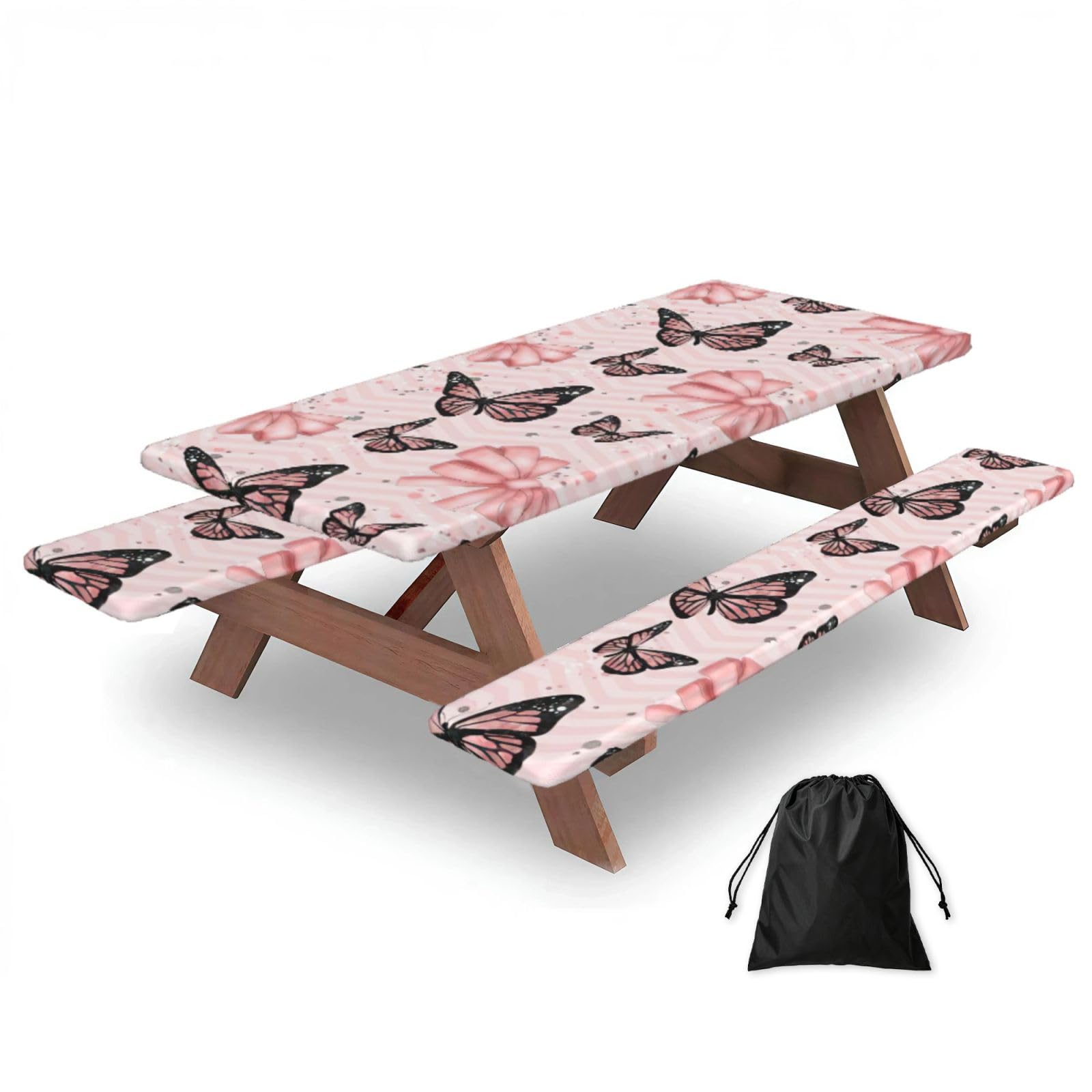 Yqxwjl Black Butterfly Pink Print Camping Essentials Waterproof Camping Table And Bench Cover With Drawstring Bag 183 Cm
