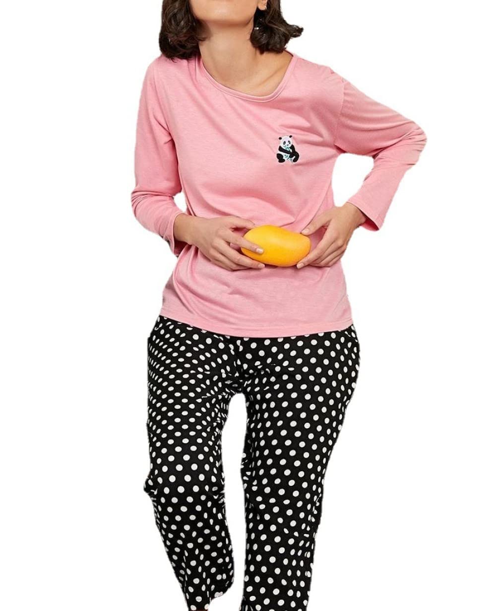 Ensembles De Pyjama Femme,Ensemble De Vêtements De Nuit À Manches Longues en Polyester Imprimé Panda À Col Rond Rose pour Femmes Pyjama Deux Pièces Doux Cadeau De Détente pour Femme Petite Ami