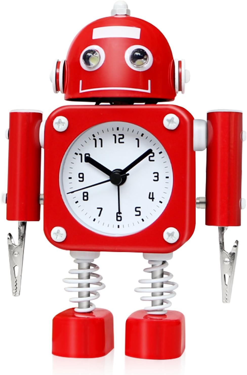 THE WHITE SHOP Non-Ticking Robot Alarm Clock Stainless Metal - Wake-up Clock with Flashing Eye Lights and Hand Clip/Red