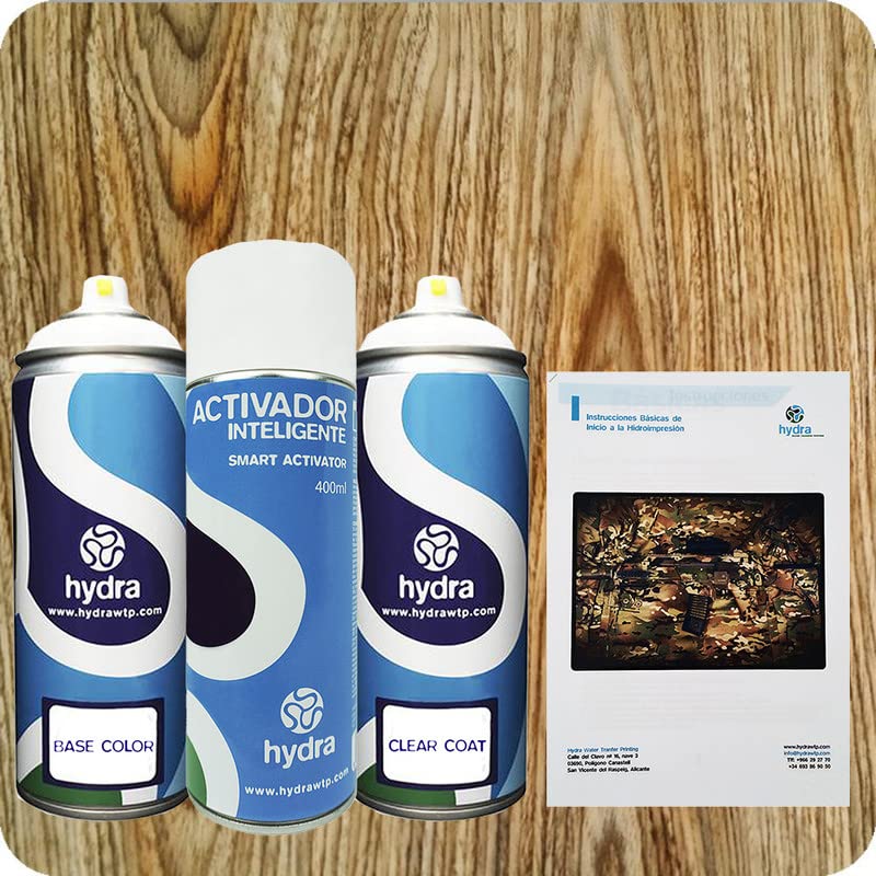 STARTER Kit Hidroimpresion: 1 Activador 400 ml + 1 barniz y color de fondo adecuados de 400 ml + 1 Manual + 1 Lámina hidroimpresión efecto madera. Ancho: 100cm. Largo: 800cm (HMA-306)