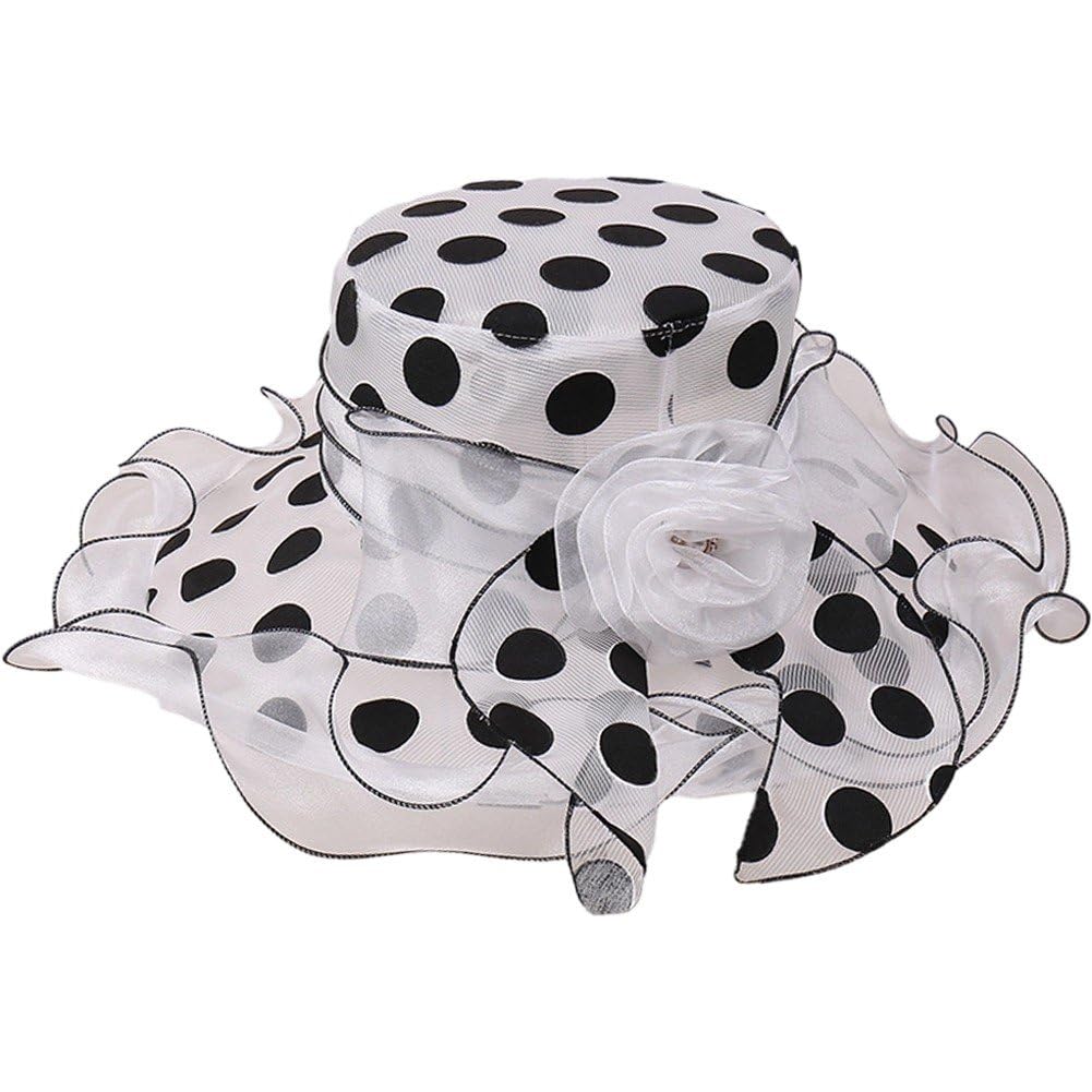 Fituenly Women's White Organza Sun Hat For Church Dress Hat Fascinator, Wide Brim Polka Dots Bridal Tea Party Wedding Hat